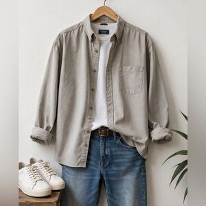 Surrey Men’s Classic Button-Down Shirt in Light Beige 100% cotton. 17 1/2 34-35